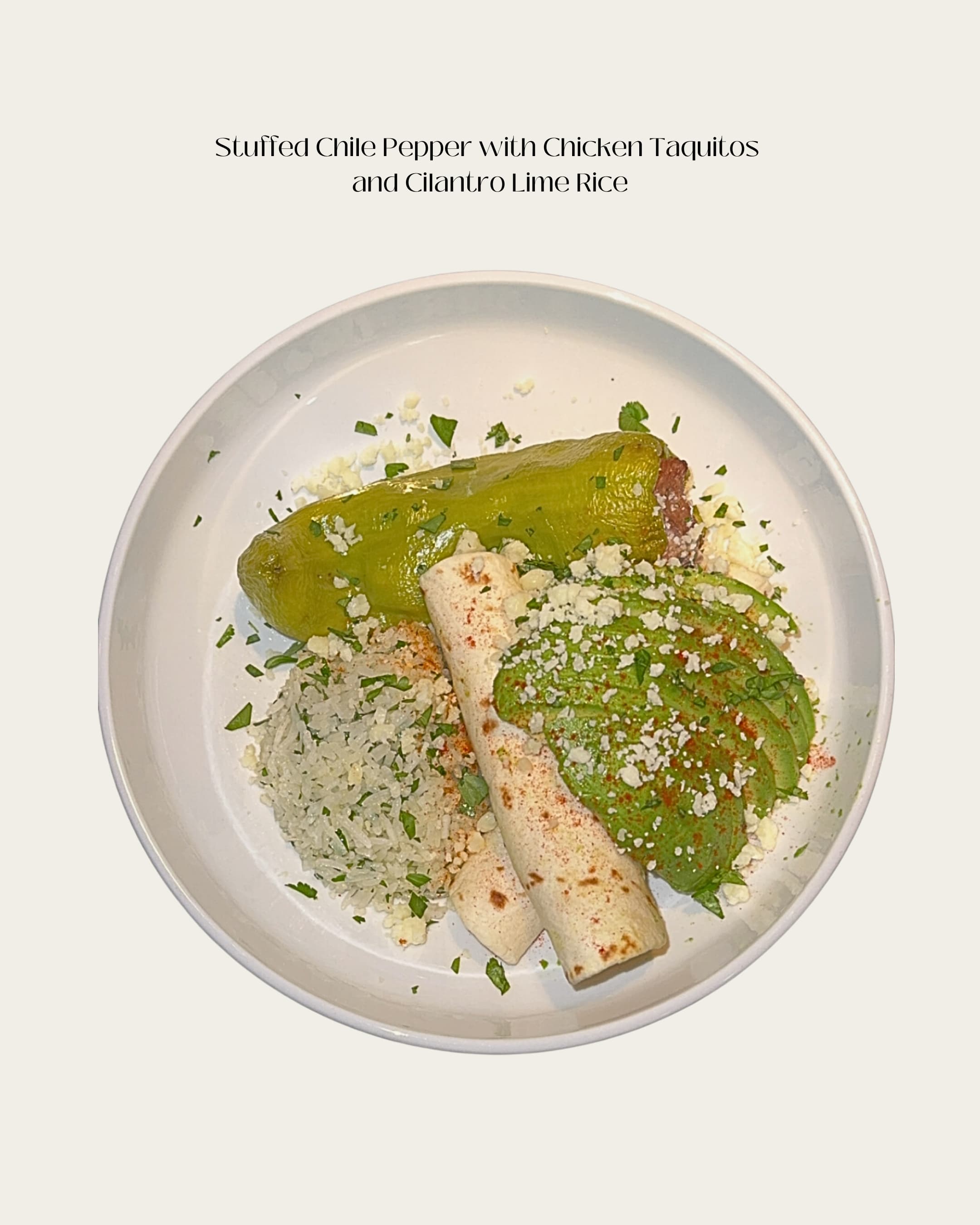 Stuffed chile pepper with chicken taquitos and cilantro lime rice